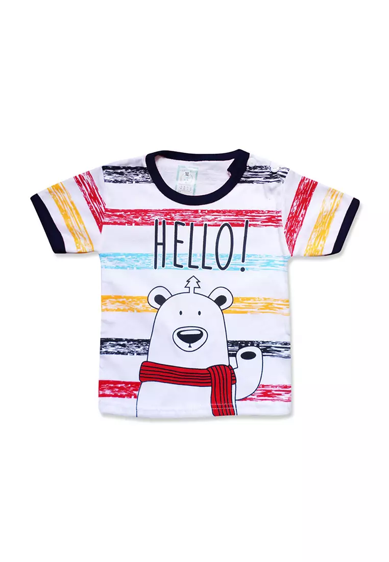 Skabe Pakaian Bayi Anak Laki Laki Baju Atasan Oblong Lengan Pendek Bear Salur Full Print Setelan Kaos Baby Putih All Size Untuk Usia 6 Bulan Hingga 12 Bulan 2878 Everyday