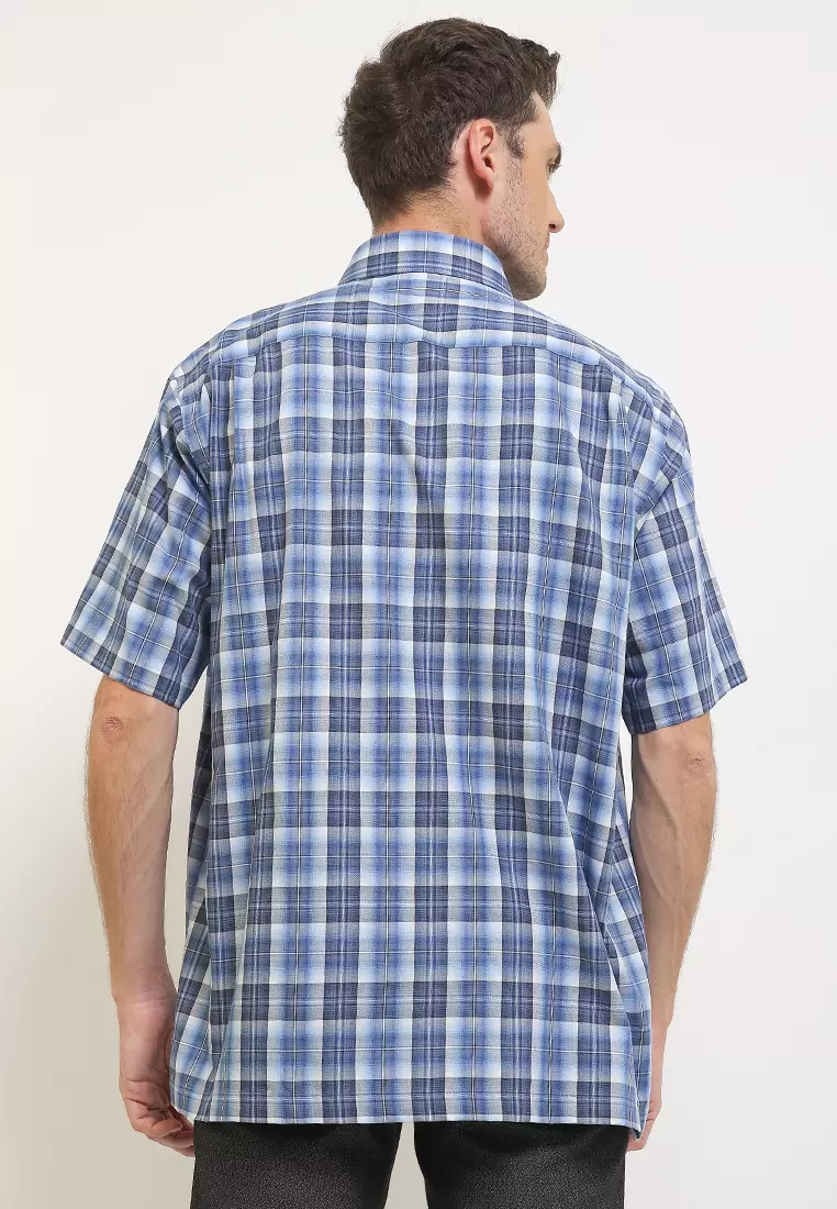 Kemeja Lengan Pendek Pierre Cardin Check Samueatte - Blue Regular Casual