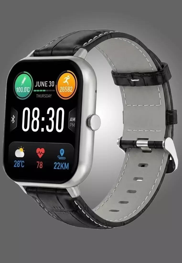 Smart and Elegant - Unisex Rectangular Smart Watch iOS/Android - Leather Strap + 1 Silver Silicone Strap