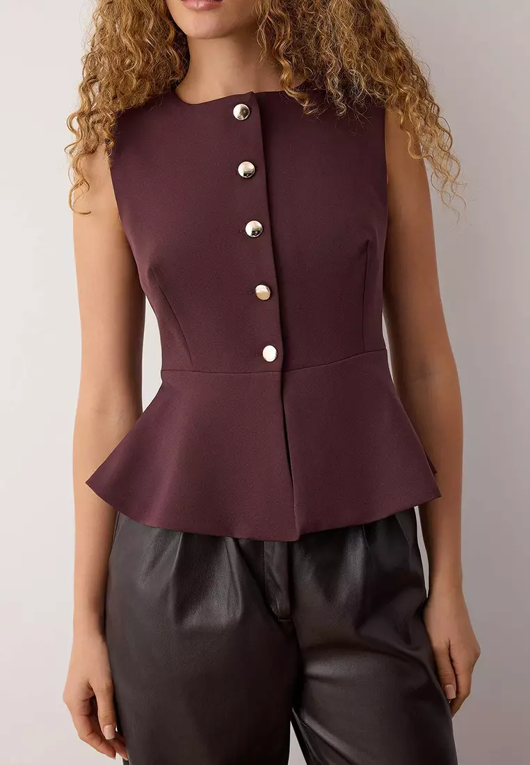 Burgundy Fitted Peplum Detailed Accessory Buttoned Vest