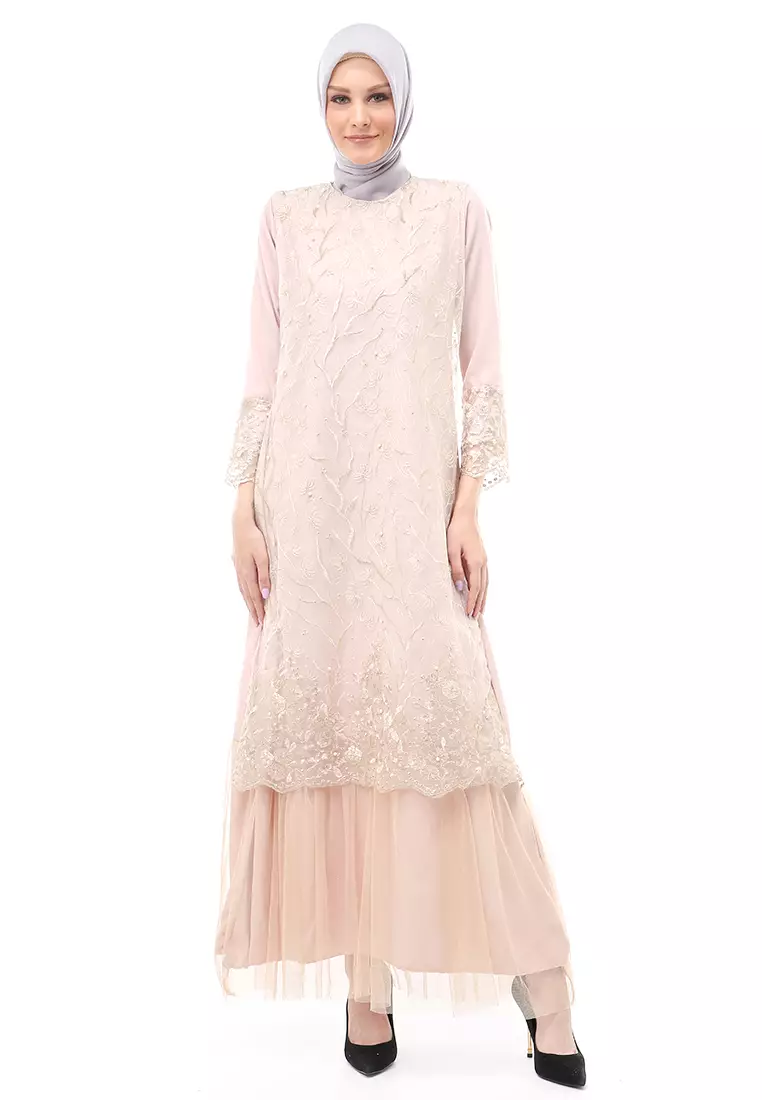 Diana Gamis Brukat Wanita Muslimah Lapis Moscrepe Premium Quality - Coksu Krem