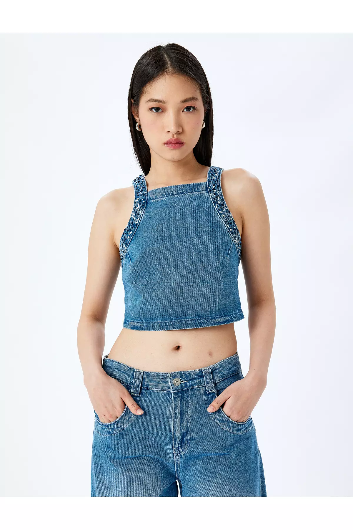 Stone Detailed Back Lace Up Crop Sleeveless Denim Blouse