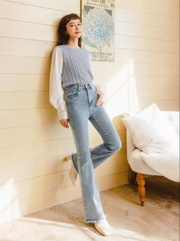 PLUS Long Fiber Legs High Waist Denim Bell bottom Pants Short Regular Extended BA6978