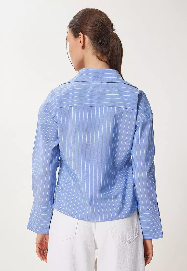 Shirt Collar Striped Wrap Poplin Blouse