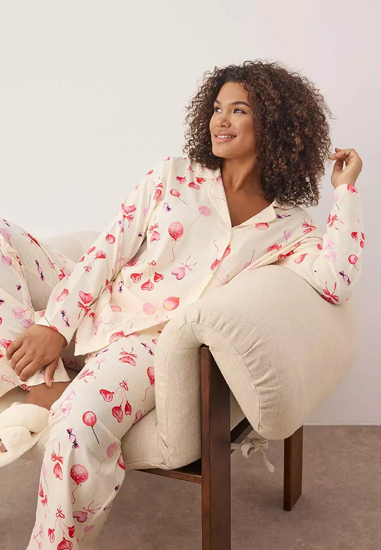 Ecru 100% Cotton Heart Patterned Shirt-Pants Knitted Pajama Set Tbbaw26Ai00017