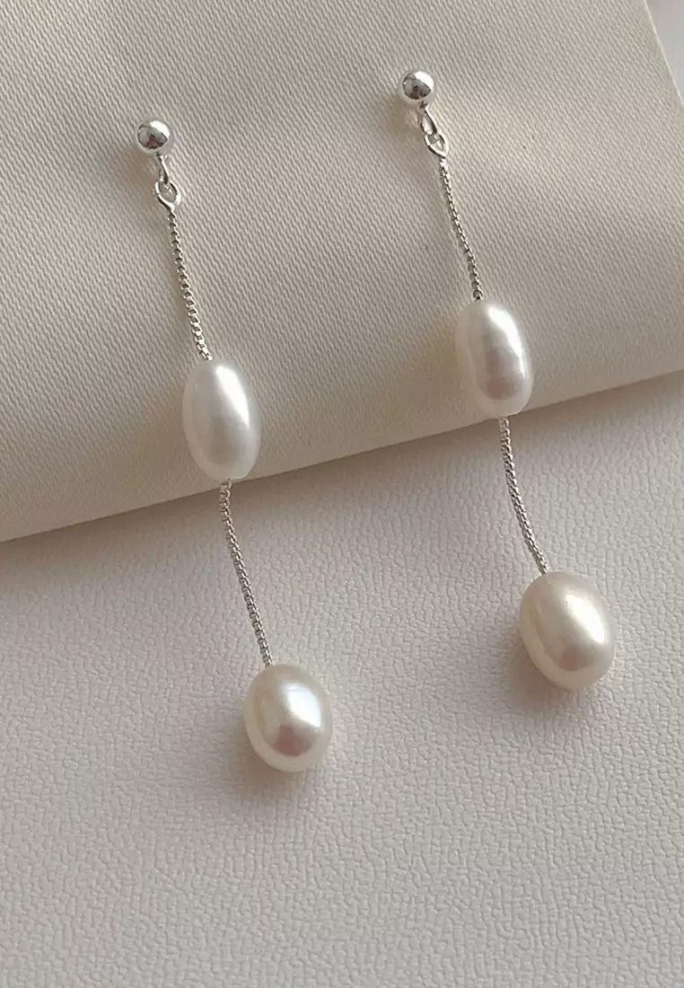 925 Silver Drop Chain Freshwater Pearl Earrings JW AR-M05161
