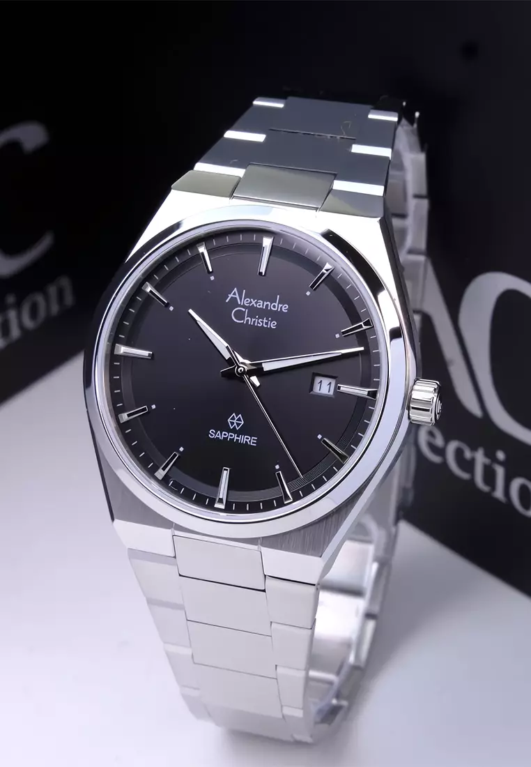 Alexandre Christie Sapphire Glass Jam Tangan Analog Pria Silver Black Stainless Steel - 8697 MDBSSBA