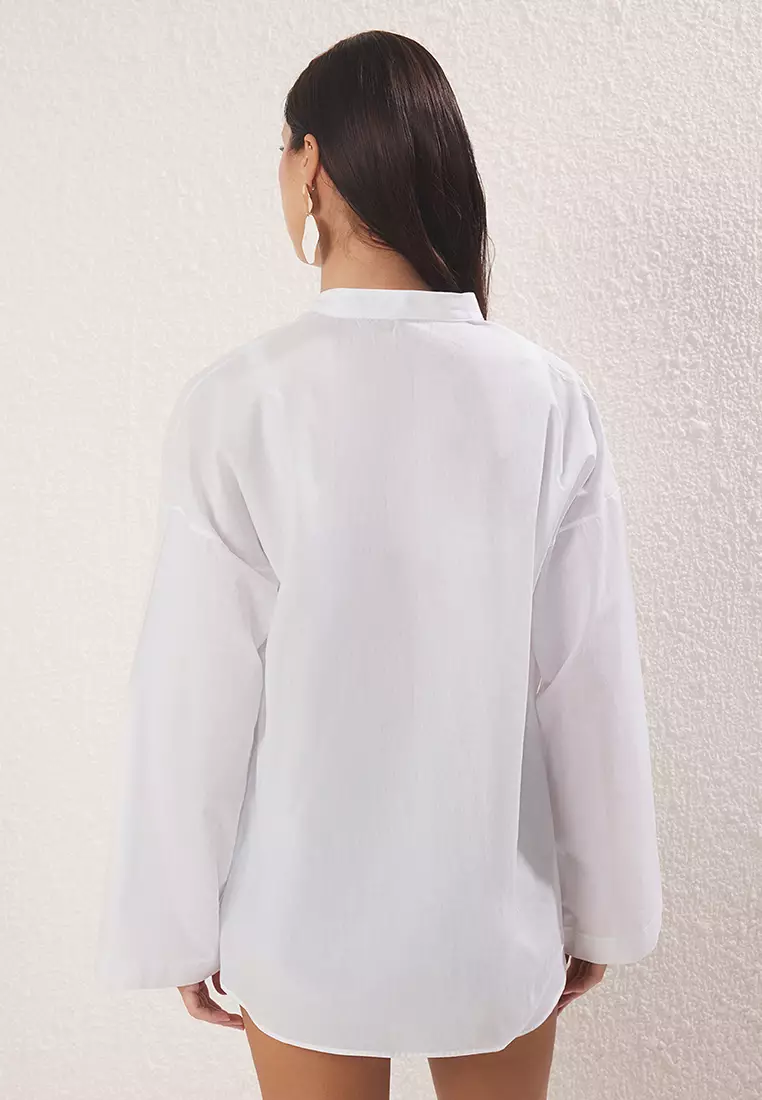 Ecru Woven 100% Cotton Beach Shirt Tbess25Go00026