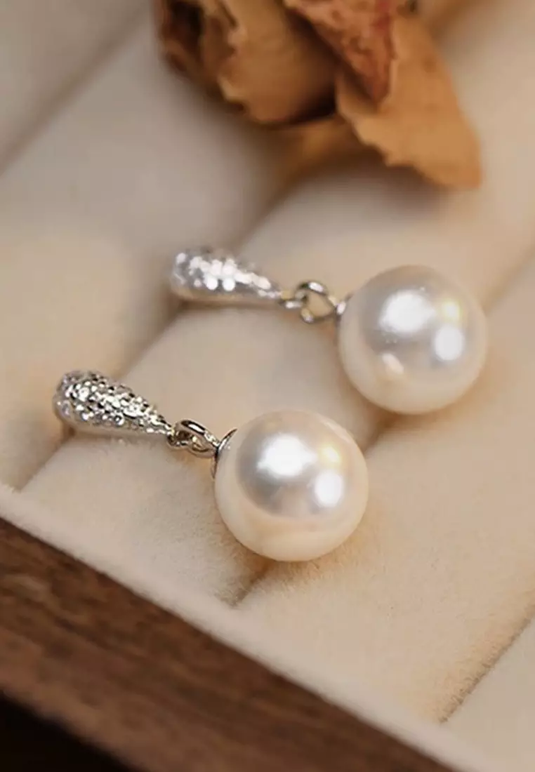 925 Silver Zircon Waterdrop Faux Pearl Earrings JW AR-M05101