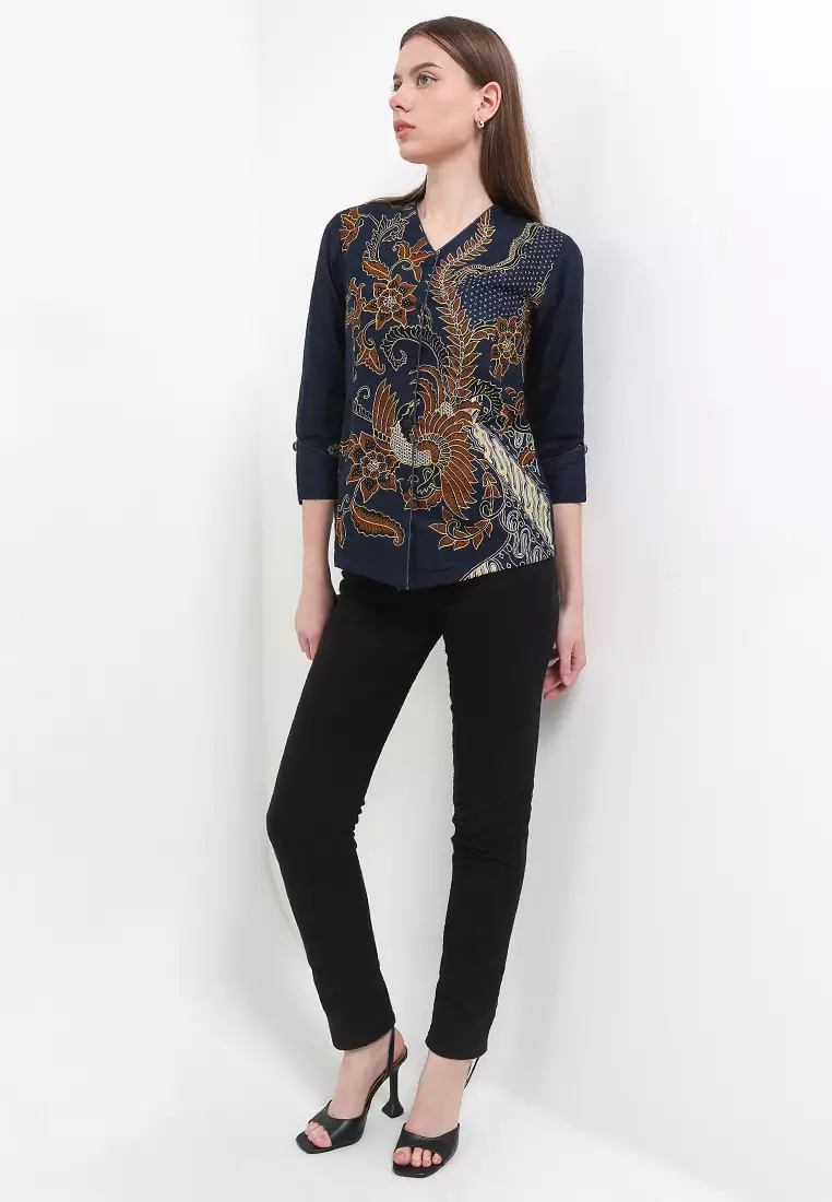 Blouse Atasan Wanita Batik Kerja Furing Lining Zaviona Lengan 7/8 Navy