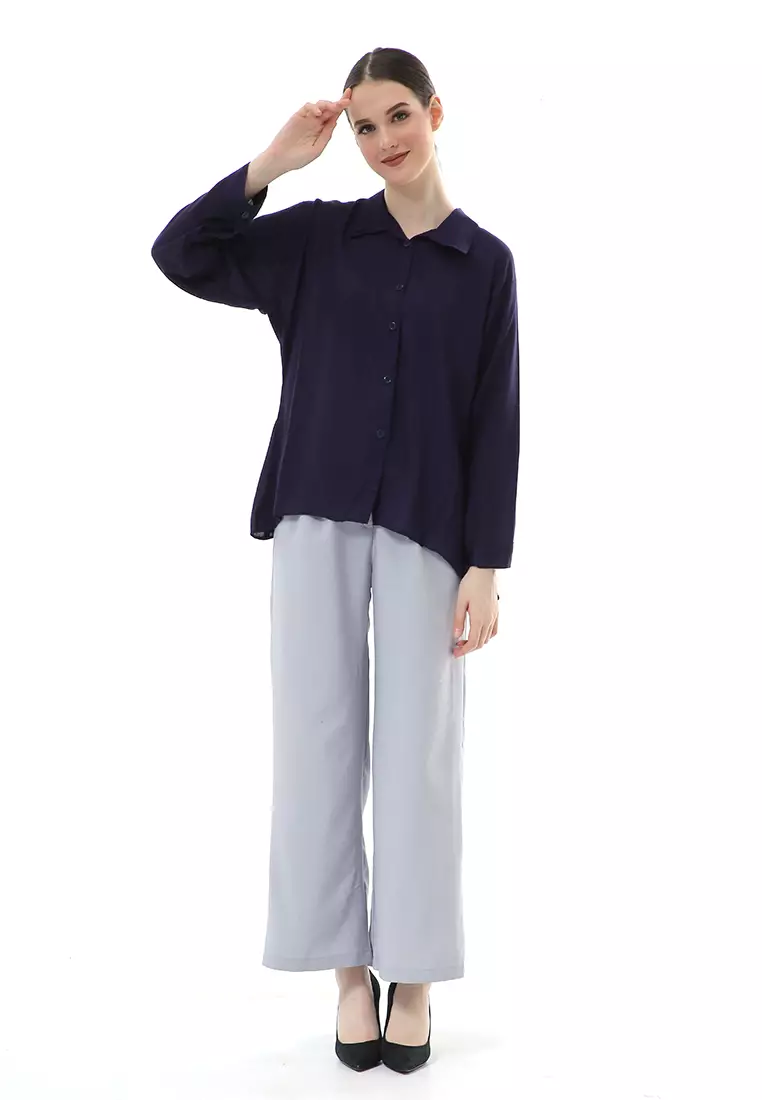 Ayudia Shirt Long Sleeve Atasan Wanita Premium Quality - Navy