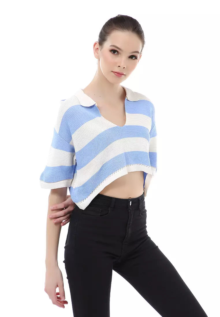Albertine Atasan Crop Wanita Lengan Pendek Motif Salur Material Rajut ORIGINAL - Blue