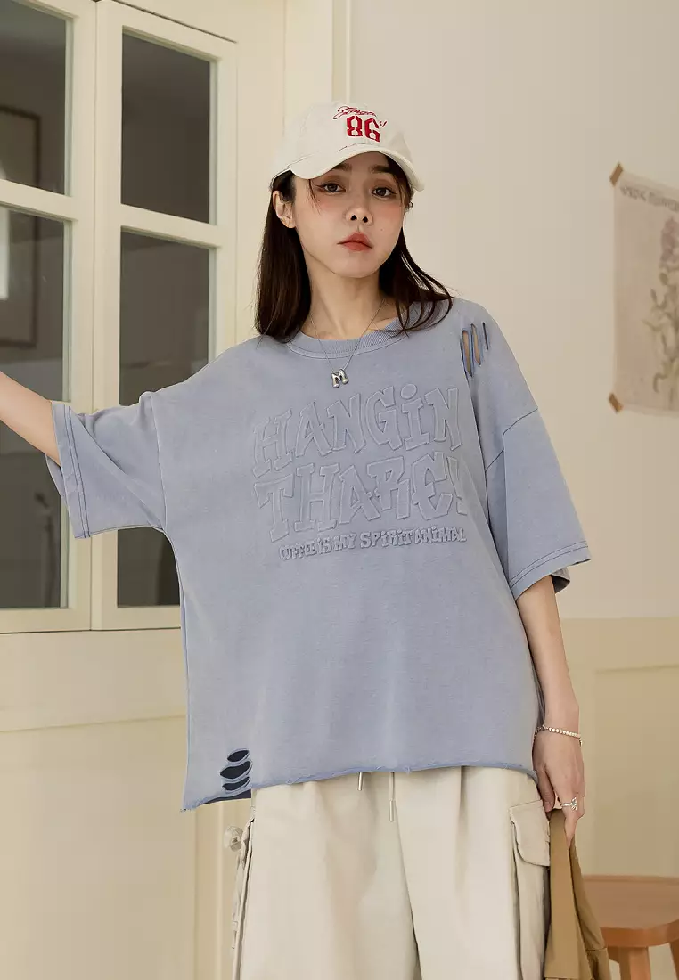 Washed Distressed Letter Embossed Short-Sleeved Top [AB21087]