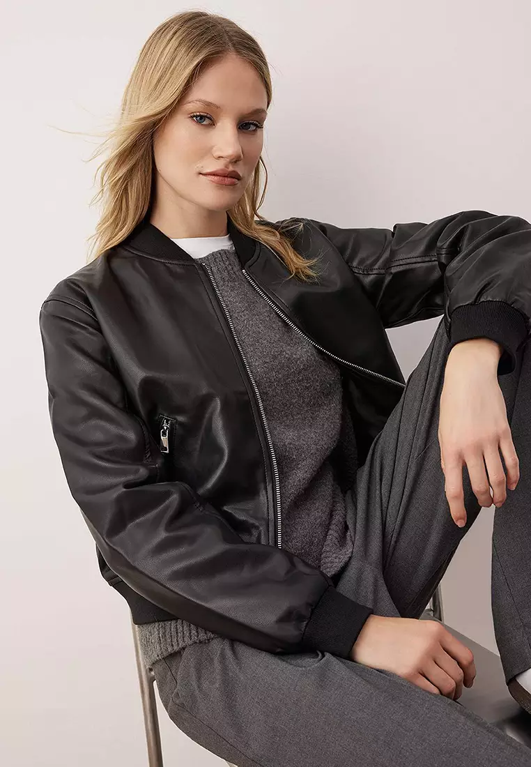 Faux Leather Bomber Jacket