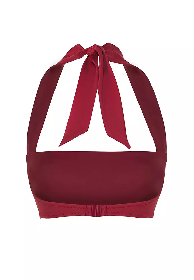 Burgundy Square Neck Halter Neck Bikini Top TBESS25BU00054