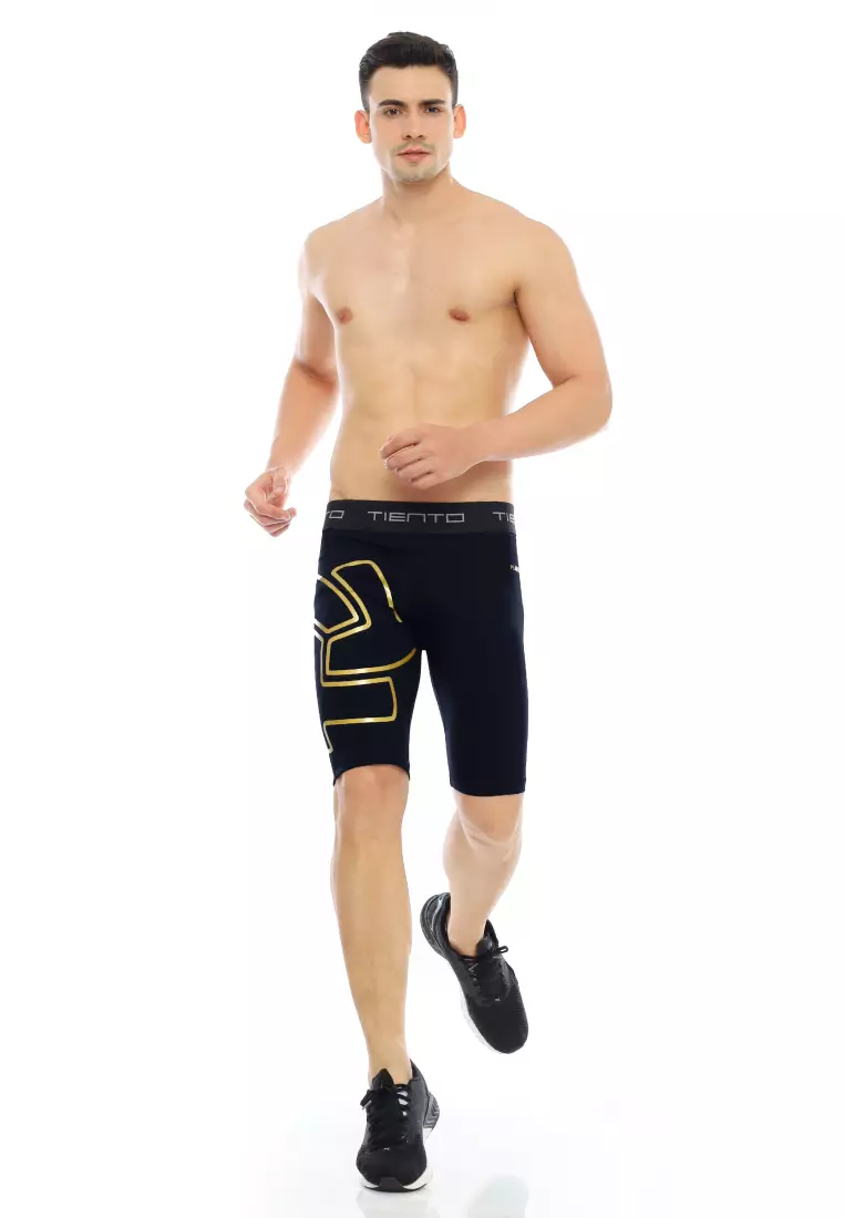 Tiento Baselayer Leging Celana Pendek Ketat Olahraga Pria Legging Sport Short Pants EXO Series Black Gold Men