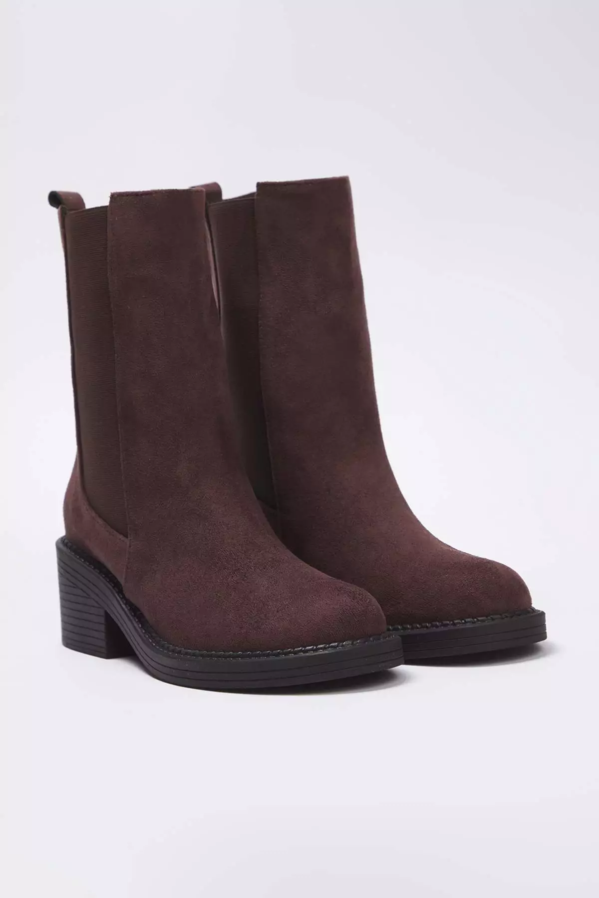 Brown Suede Elastic Women'S 6 Cm Block Heeled Chealsea Boots Takaw26Bo00062
