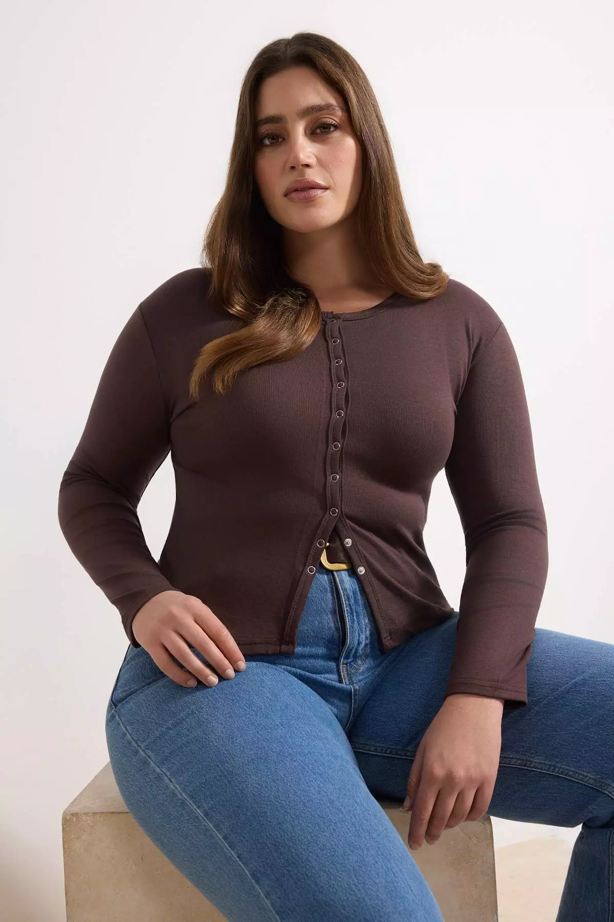 Brown Snap Crop Boy Basic Knitted Plus Size Blouse Tbbaw26Af00119