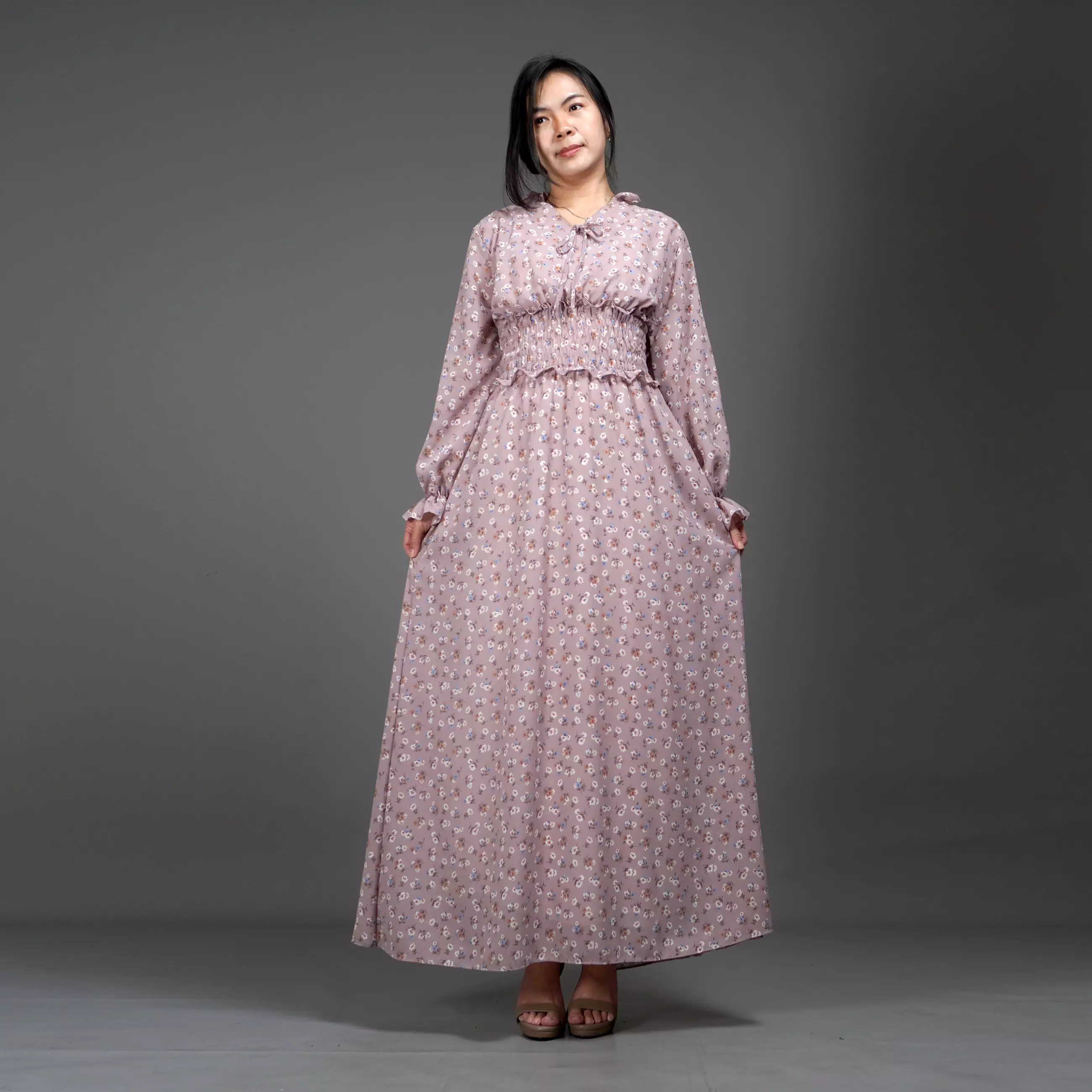  Dress SHALMA Long Dress Sifon Gaun Panjang Gaya Korea - Moka