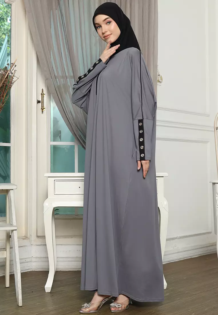JV Hasanah Abaya Rayon Dress Shireen Grey | Gamis Abaya Oversize Busui Lengan Batwing Polos