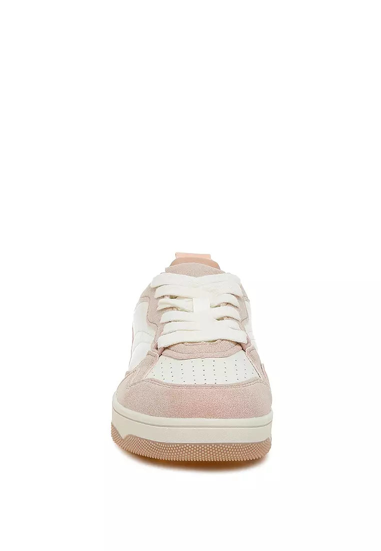Faux Leather Casual Sneakers in White and Pink