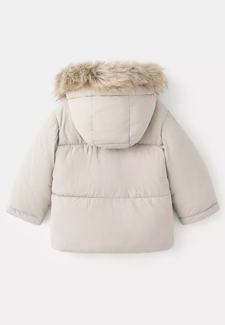Puffer Coat with Fur-Effect Hood