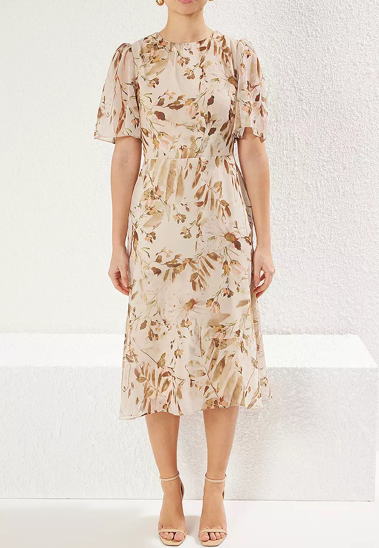 Light Brown Floral A-Line Midi Chiffon Lined Woven Dress