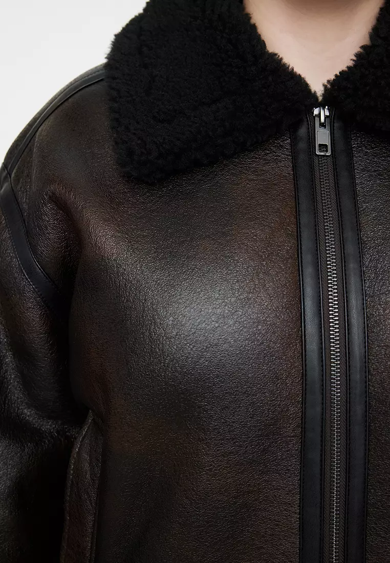 Brown Regular Fit Faux Leather Biker Coat with Fur Detail TBBAW25AW00001