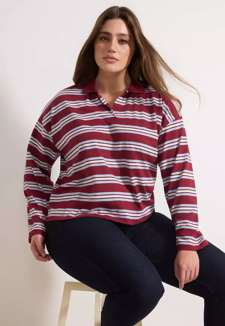 Burgundy Striped Oversized Large Size T-Shirt Tbbss26Bf00001