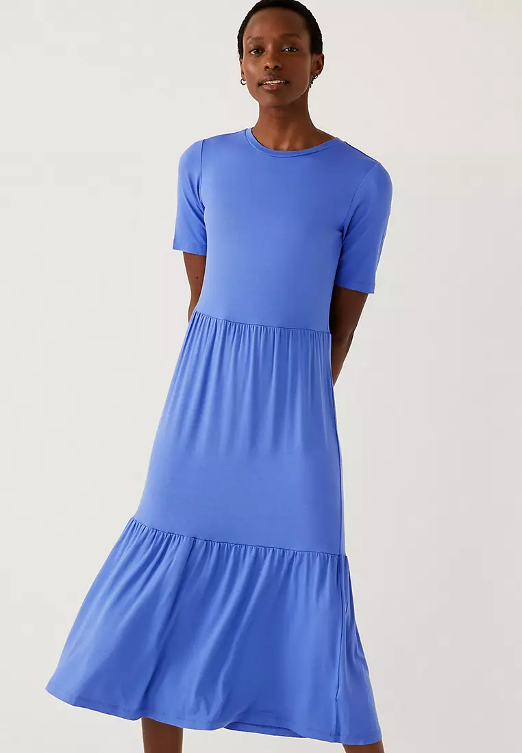 Jersey Round Neck Midi Tiered Dress