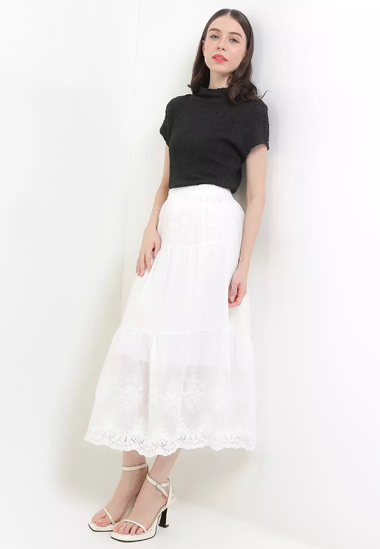Women's White Maxi Skirt with Crochet Lace Hem