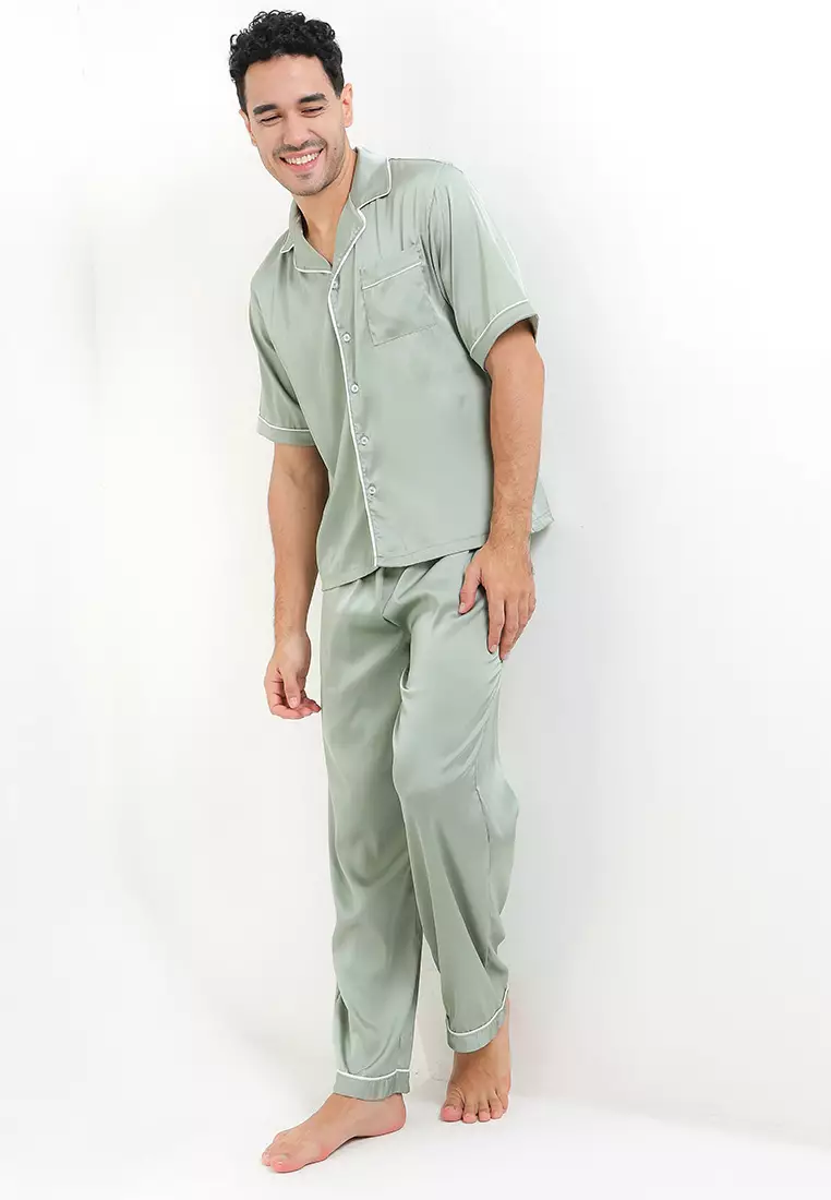 Pyjama Pijama Baju Tidur Satin Silk Short Sleeve Long Pants Mens Pria Sleepwear
