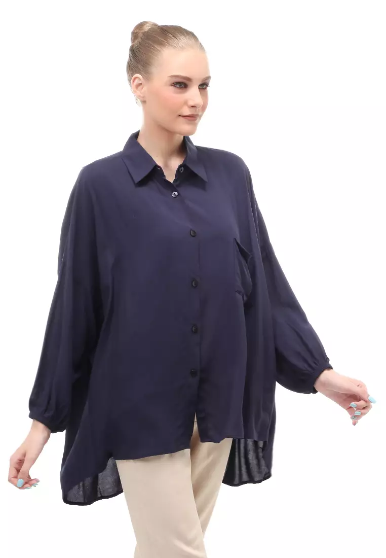Kemeja Oversize Lengan Puff Front Button Opening Motif Solid Regular Fit - Navy