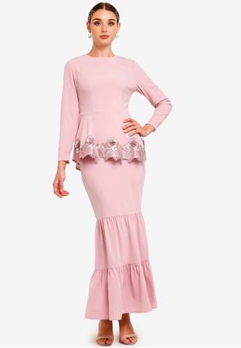 Embroidered Lace Peplum Set from Zalia in Pink
