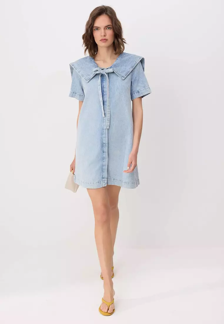 Light Blue Baby Collar Detailed 1% Cotton Mini Denim Dress Twoss26El41