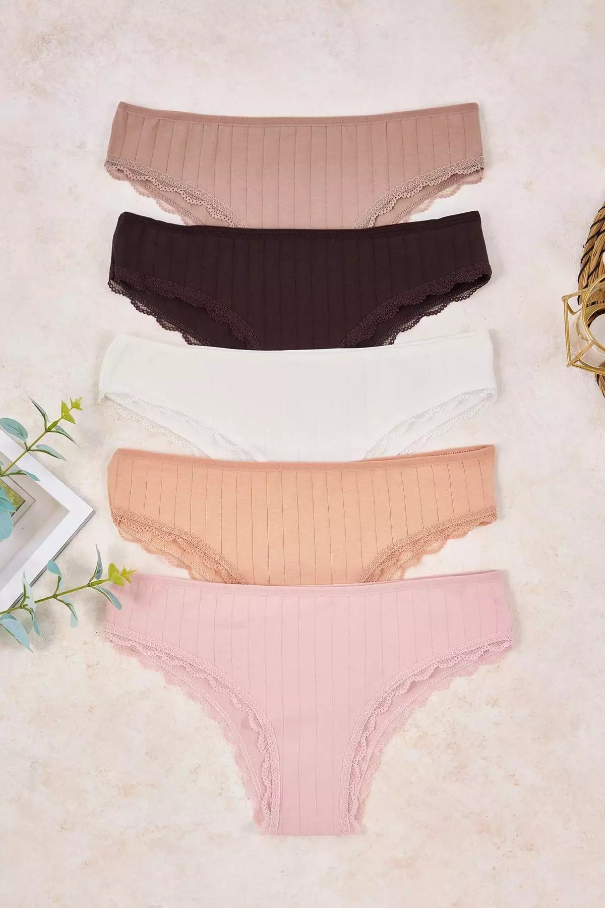 Brown-Multicolor Cotton 5-Pack Lace Trim Striped Brazilian Knitted Panties Thmss26Ku5