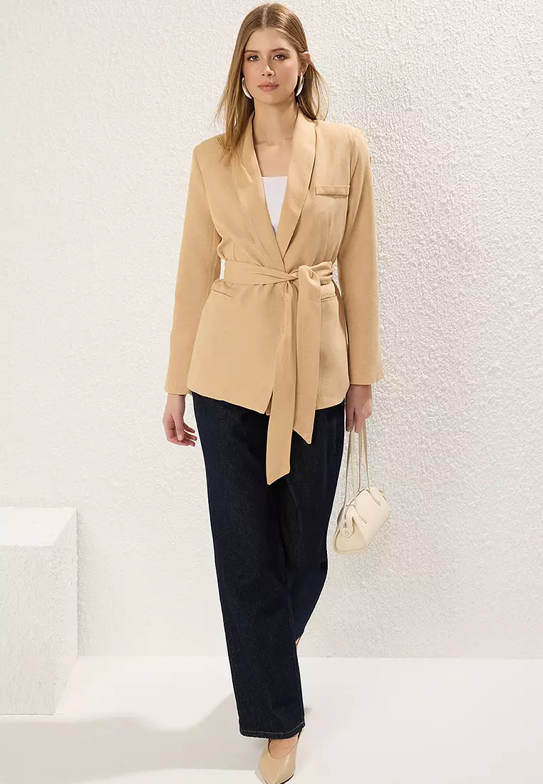 Buy Trendyol Beige Linen Look Jacket Collar Waist Belted Blazer