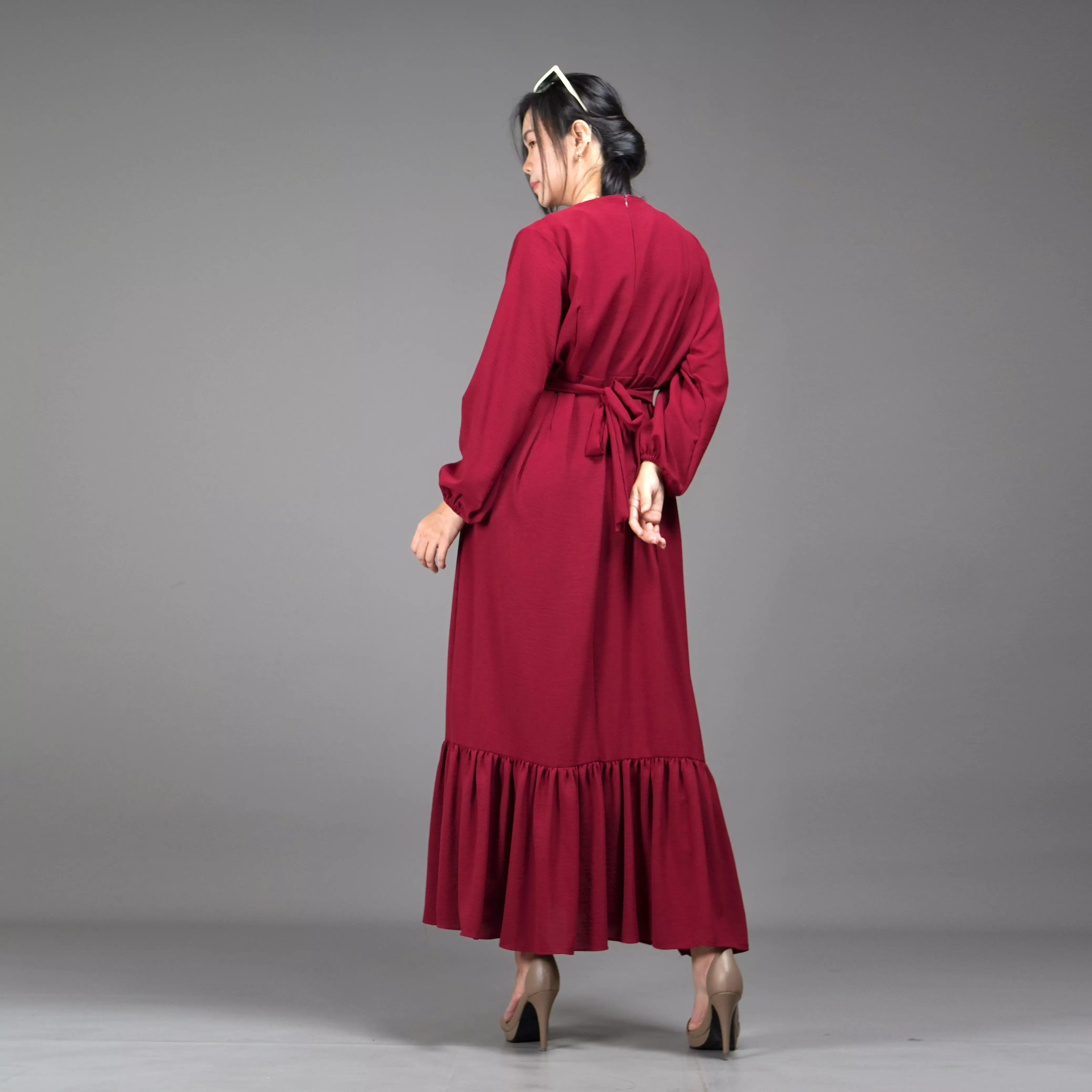 DRESS JULIA Long Dress Gaun Pesta Midi Dress Gaya Korea - Marun