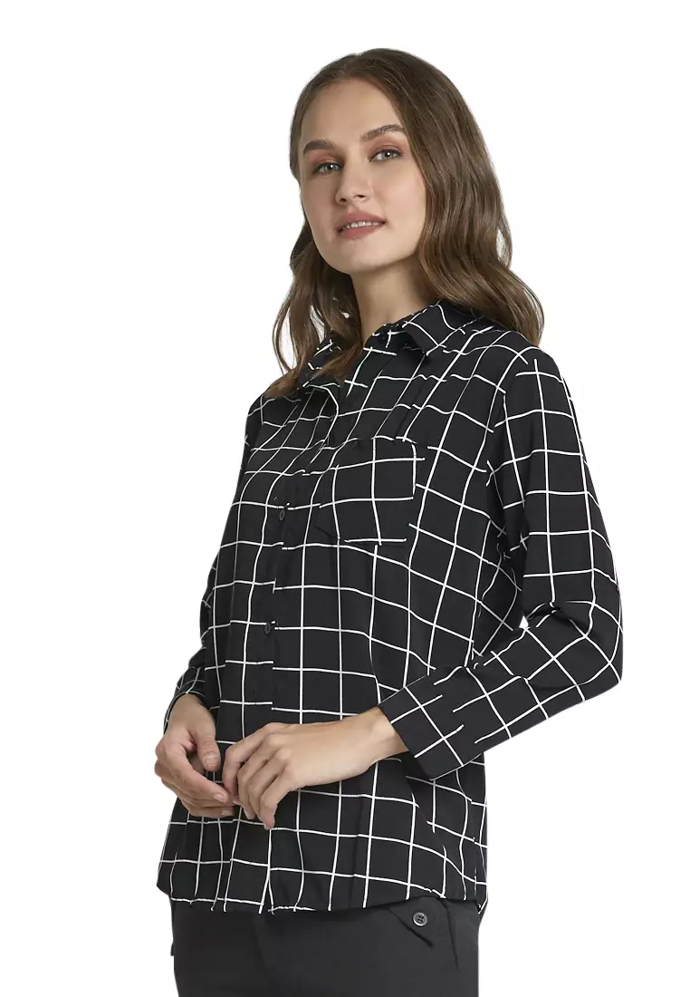 Osvald Blouse Long Sleeve Motif Kotak-Kotak Atasan Baju Wanita Casual - Hitam
