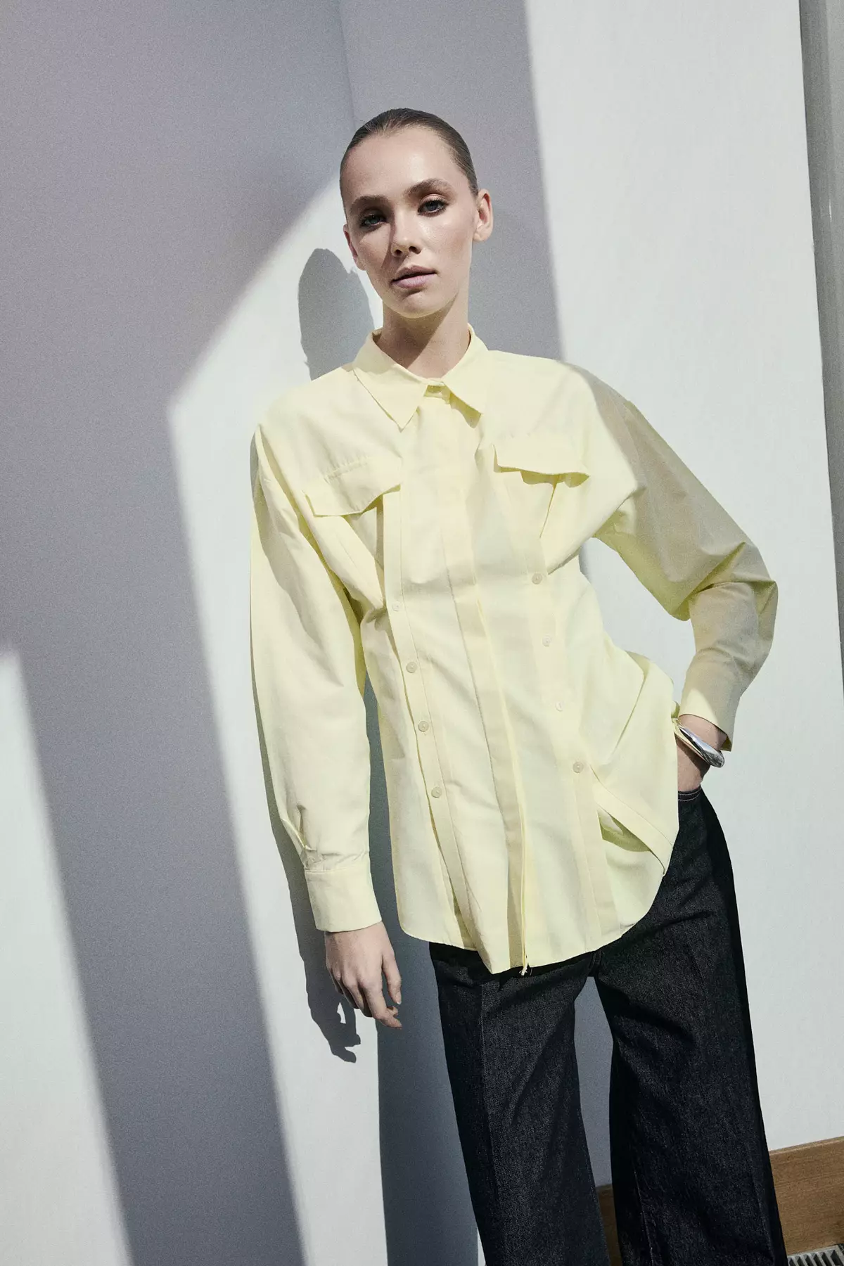 Light Yellow Cotton Pack Front Double-Patch Detailed Fitted/Waist-Fitting Cotton Pack Shirt Tctss26Tg00016