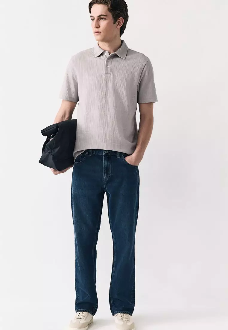 Crepe Textured Button Neck Polo Shirt