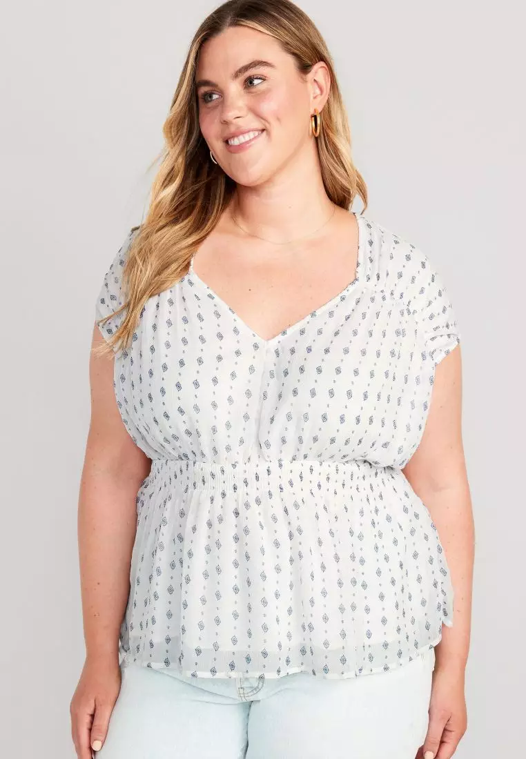 Waist-Defined Printed Dolman-Sleeve Top