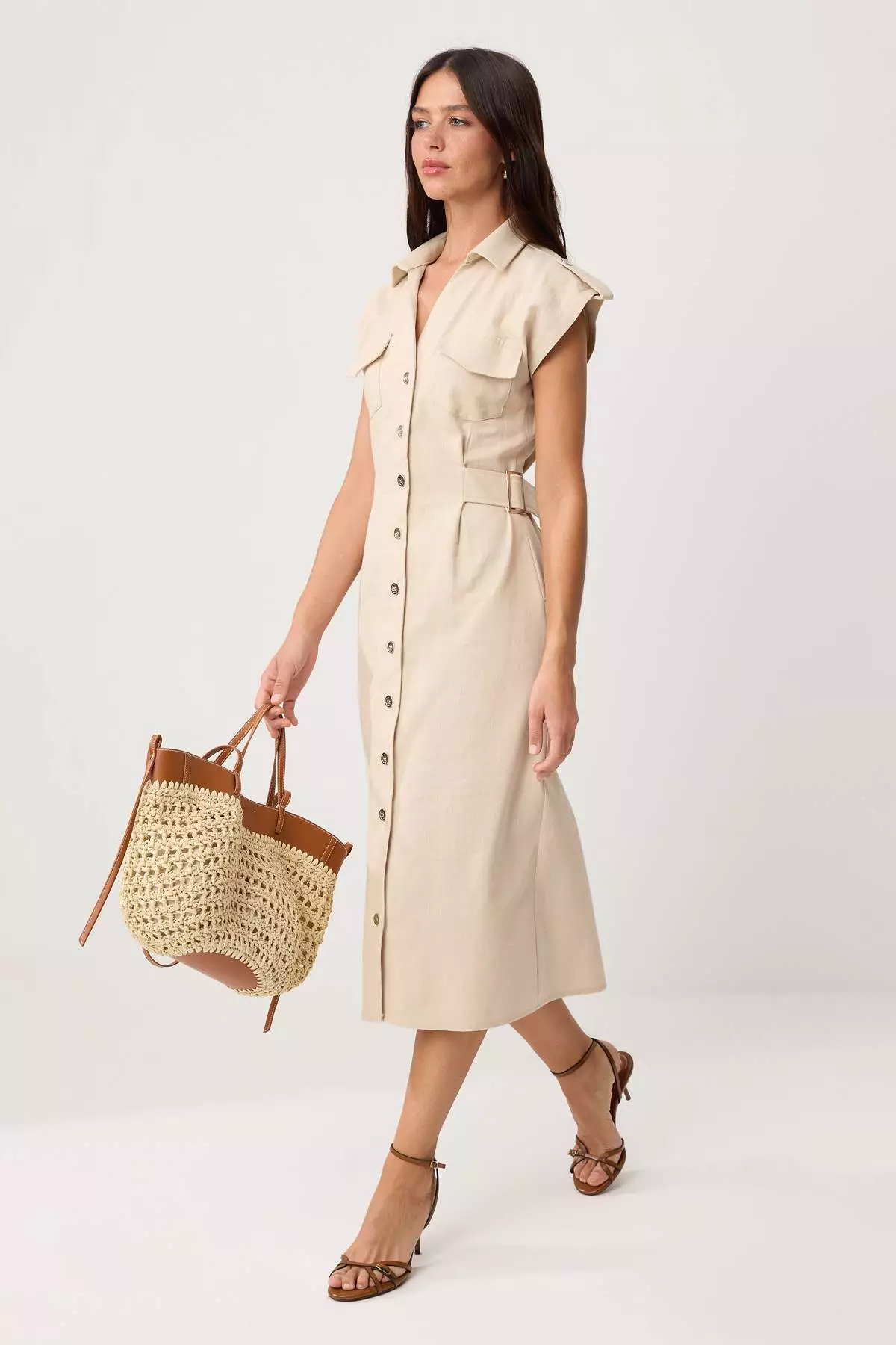 Stone Accessory Detail Midi Woven Shirt Dress Twoss26El125