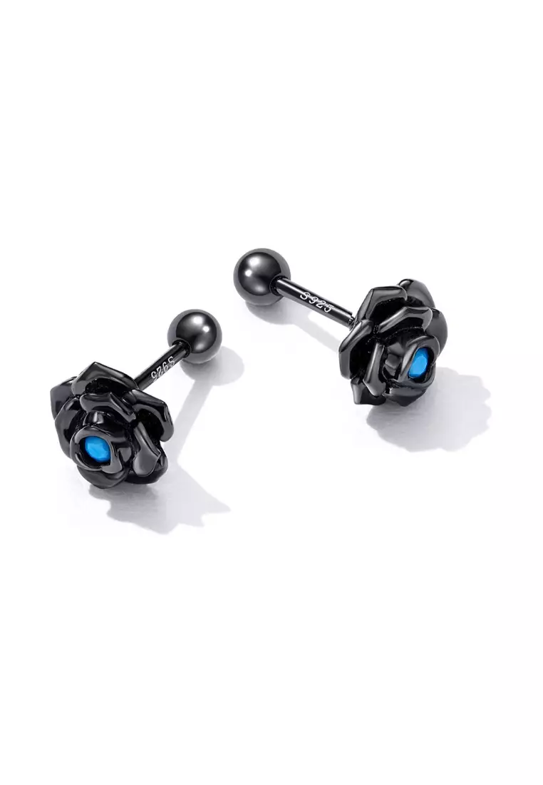 Solid 925 Sterling Silver Beaded Black Rose Stud Earrings