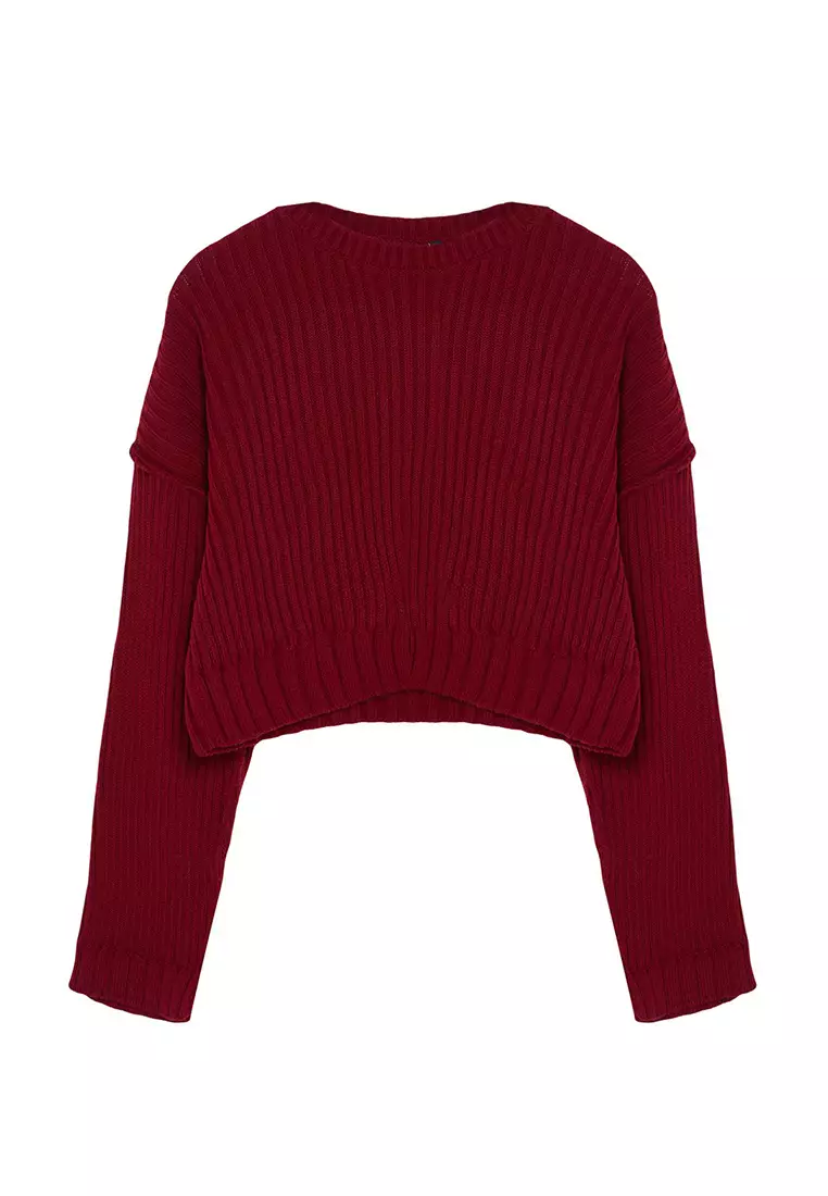 Claret Red Super Crop Knitwear Sweater TWOAW24KZ00275