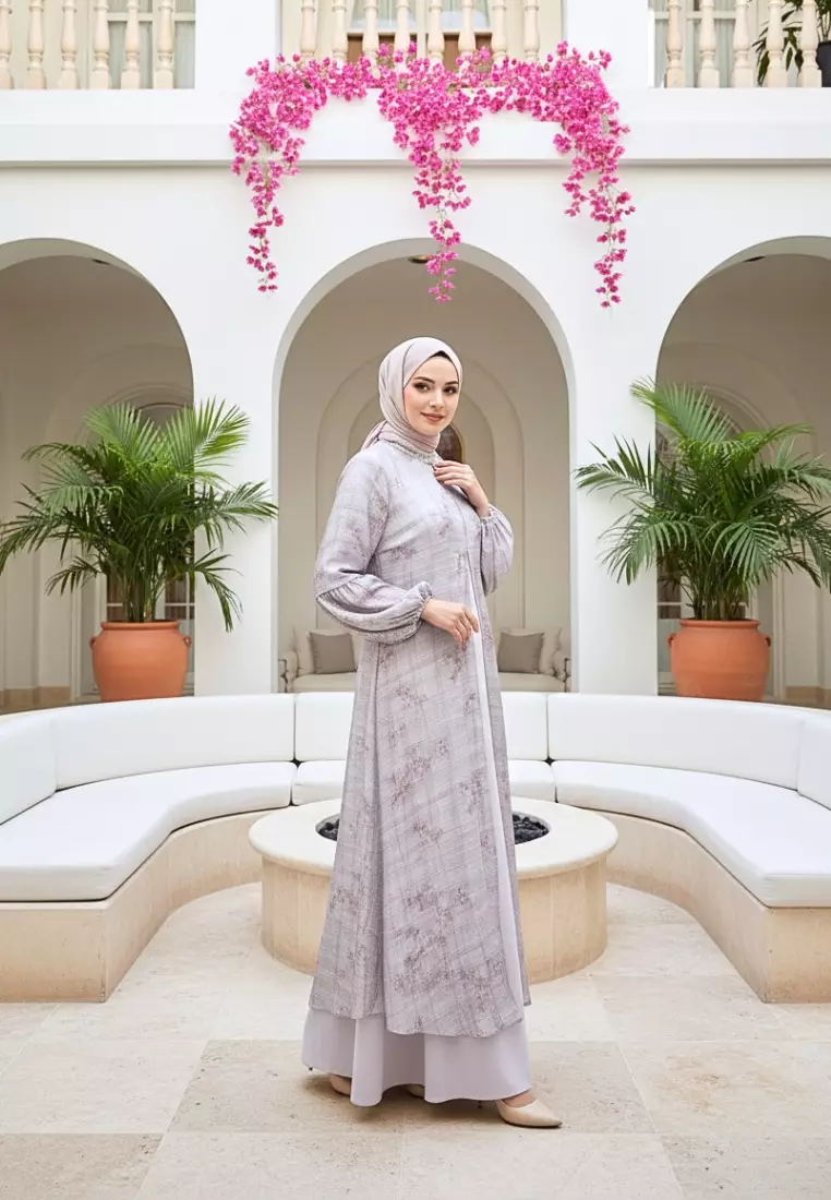 Gamis Wanita Motif Floral Soft Pink Premium Dress Muslimah Elegan Lengan balon By Brilliant Girl Warna PINK