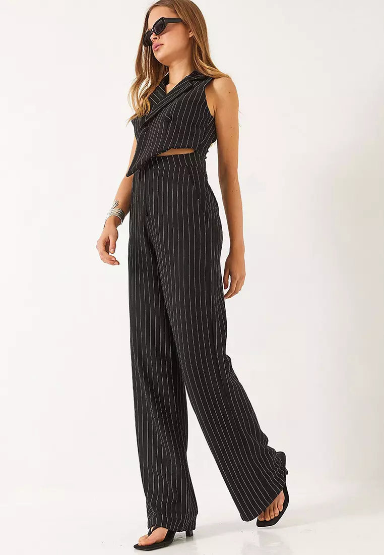 Women's Thin Striped Double Breasted Collar Lycra Jumpsuit 90018 60271031