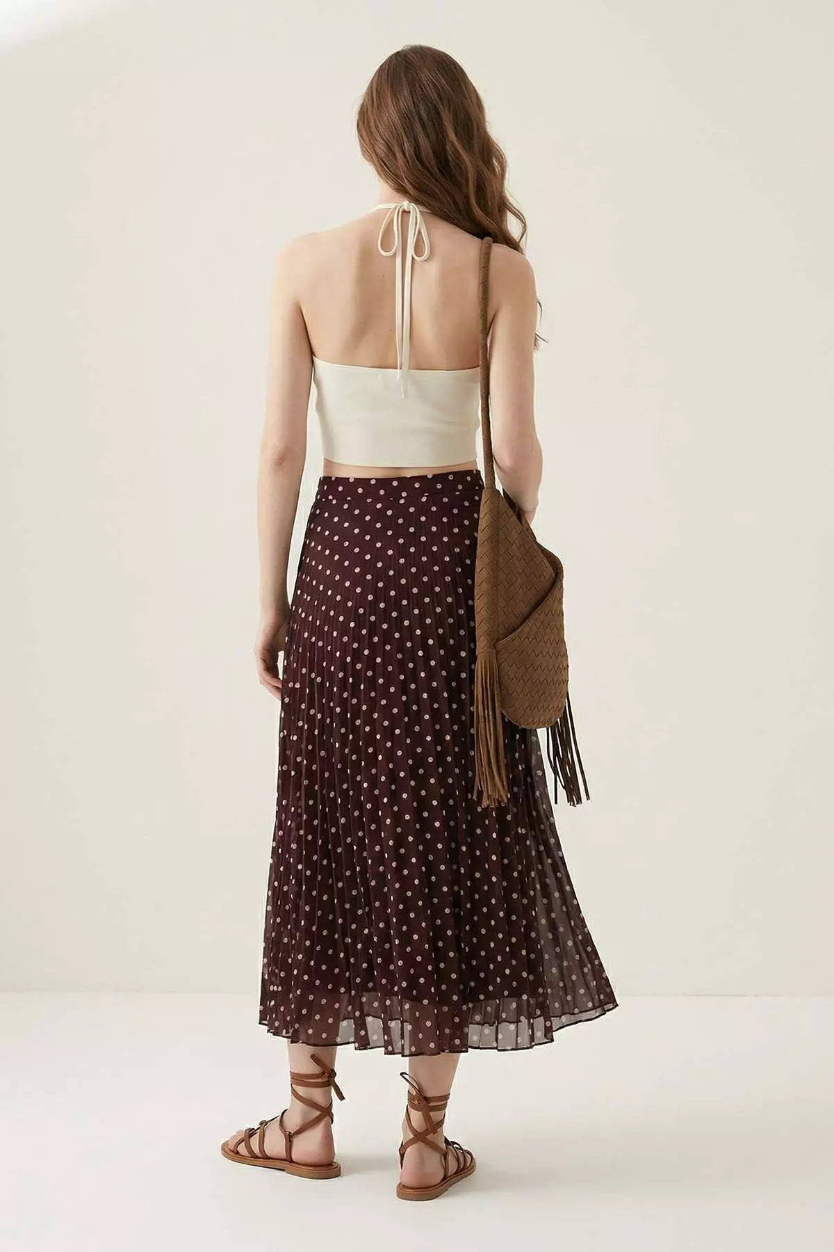 Brown Polka Dot Lined Chiffon Pleated Midi Skirt Twoaw26Et00142