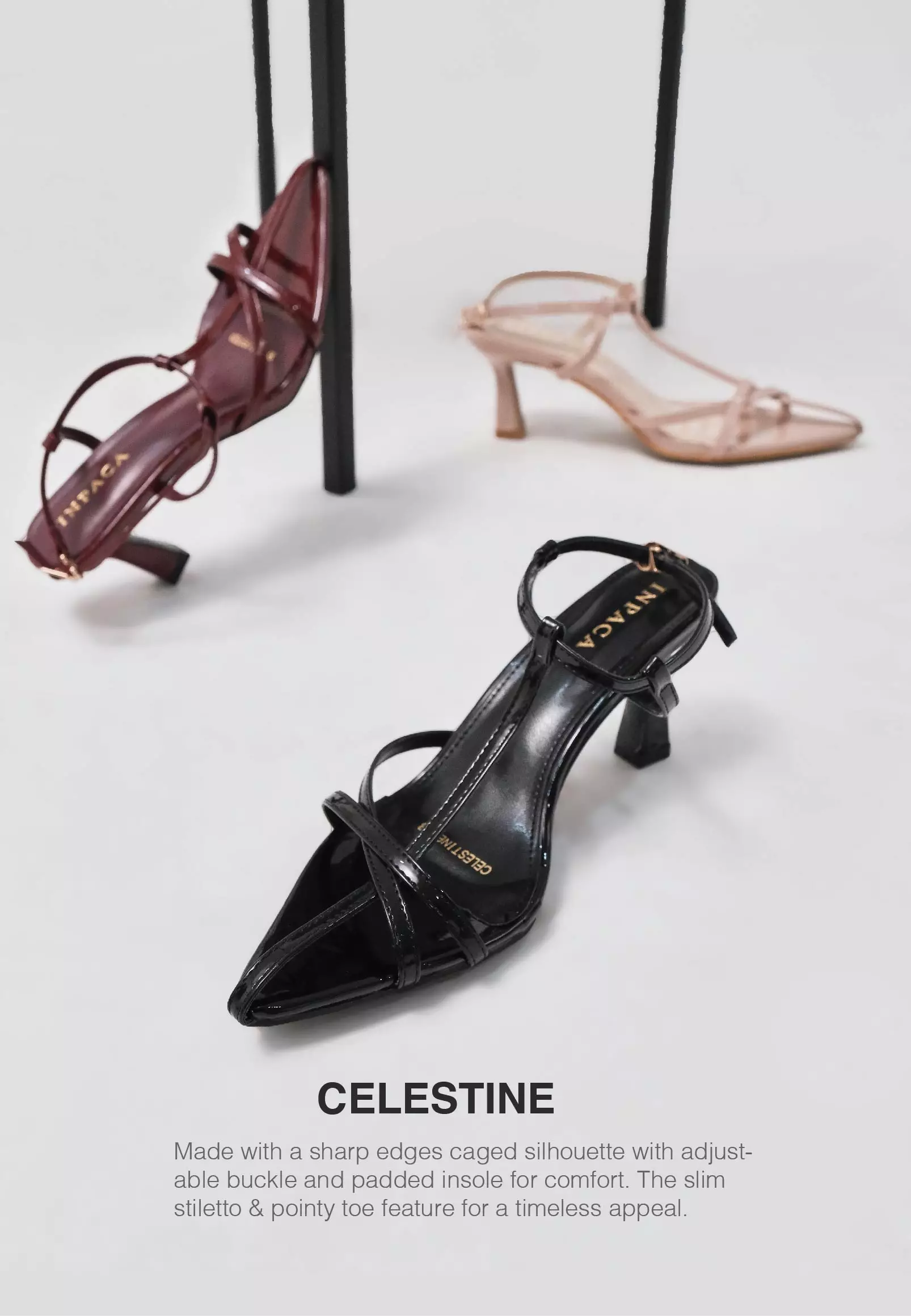 Celestine Pointy Strappy Spool Heels Tali Pesta