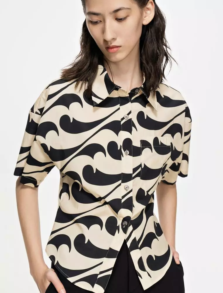 海浪印花通勤短袖襯衣
